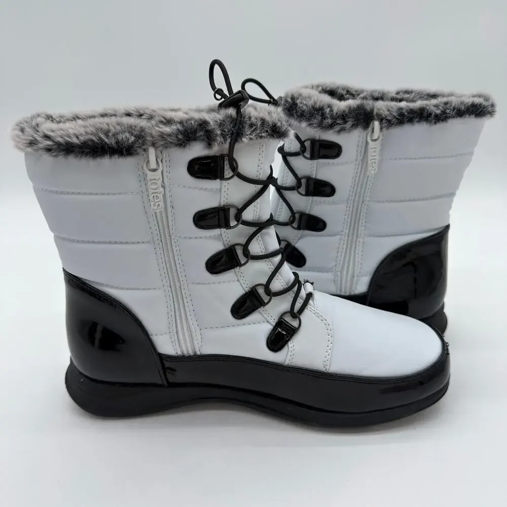 Totes Jacee Snow Boots Quilted Upper Waterproof Faux Fur Trim Contrast NWOB 10
